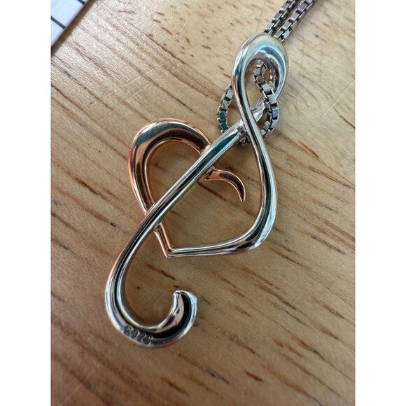 Treble Clef Sterling Silver & Rose Gold Plated Treble Clef Heart Necklace - Picture 8 of 10